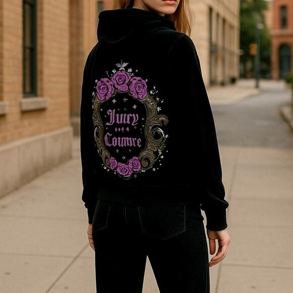 Juicy Couture Girls Black Velour Hoodie Size XL (16) Gothic Crest Zip Jacket Y2K - Picture 9 of 9